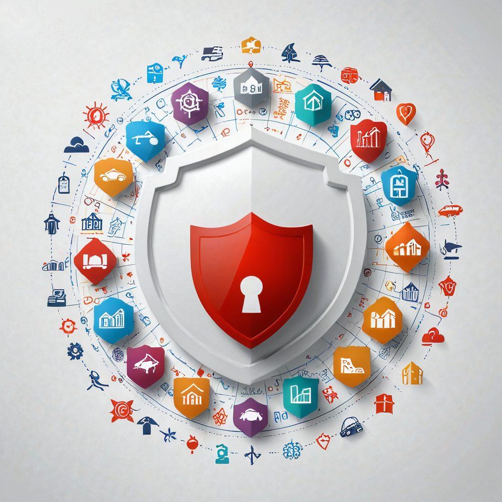 A conceptual representation of risk management featuring a shield symbolizing financial protection, surrounded by various insurance icons like home, health, car, and travel. The background includes a rising graph showcasing financial growth and stability, with vibrant colors to evoke a sense of security and hope. Elements of safety such as locks or safety nets add to the theme. super-realistic. vibrant colors. white background.