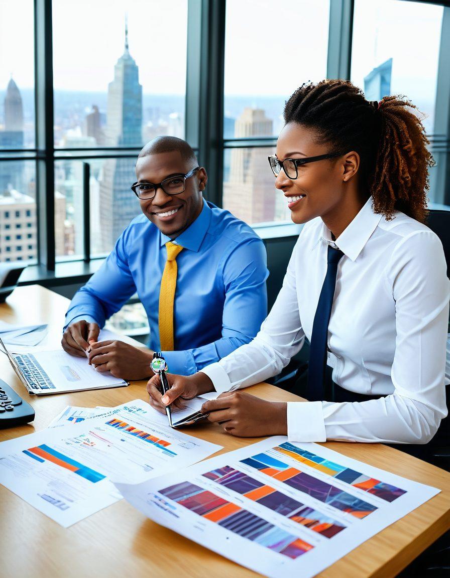 A friendly insurance broker and a satisfied client sitting at a modern desk, reviewing insurance solutions with colorful documents scattered around, showcasing various affordable coverage options. The background features a bustling city skyline through large windows, symbolizing accessibility and growth. Include elements like a calculator, charts, and insurance policy brochures to enhance the theme of tailored coverage. super-realistic. vibrant colors. bright and inviting.