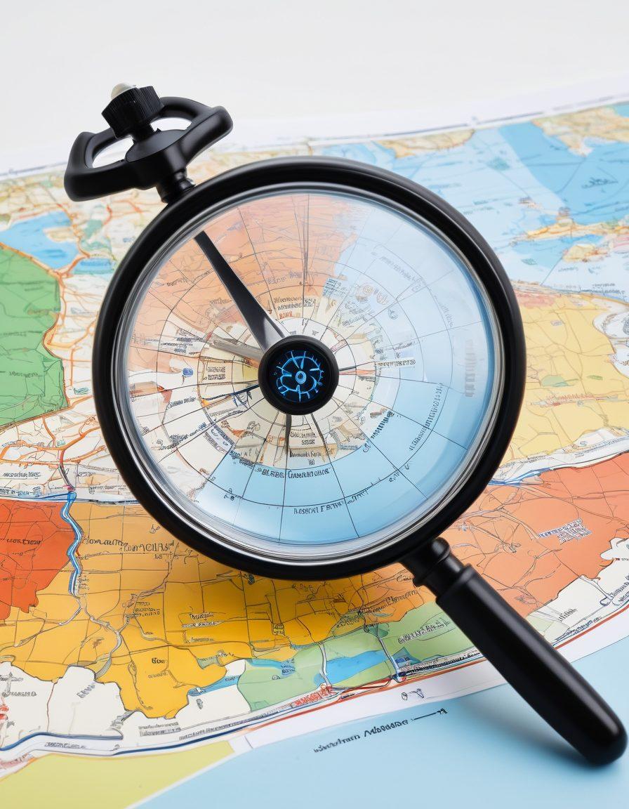 A detailed map depicting various insurance types, including icons for health, auto, and home insurance, overlaid between charts showing risk management strategies. Include a compass and a magnifying glass to symbolize navigation. The background should be a serene landscape representing stability and security. super-realistic. vibrant colors. white background.